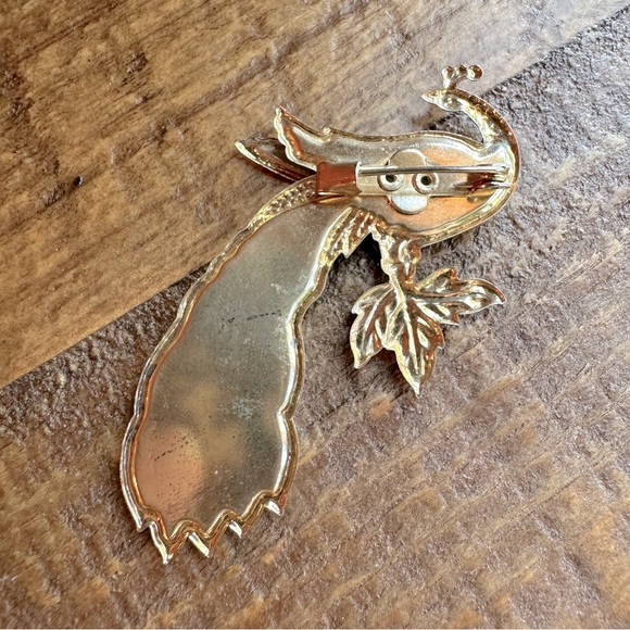 Vintage Bird Brooch Pin Glittering Peacock w/Leaf Red, Orange & Yellow Feathers - Picture 8 of 10